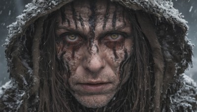 1girl,solo,looking at viewer,brown hair,black hair,1boy,brown eyes,closed mouth,yellow eyes,male focus,outdoors,hood,lips,scar,portrait,snow,close-up,hood up,snowing,realistic,straight-on,sanpaku,blurry,fur trim,facial hair,beard,scar on face