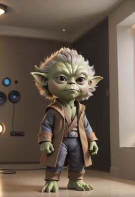 solo,1boy,brown eyes,standing,full body,white hair,male focus,barefoot,pointy ears,belt,pants,indoors,coat,colored skin,child,door,male child,green skin,alien,fewer digits,goblin,looking at viewer,short hair,long sleeves,closed mouth,collarbone,jacket,grey hair,open clothes,artist name,vest,frown,watermark,black pants,web address,clenched hands,brown jacket,realistic,brown belt,old,old man