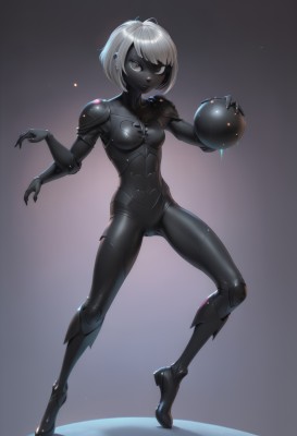 1girl,solo,breasts,looking at viewer,short hair,bangs,simple background,holding,medium breasts,closed mouth,standing,full body,white hair,grey hair,small breasts,shiny,grey background,armor,gradient,grey eyes,gradient background,bodysuit,cameltoe,colored skin,ass visible through thighs,standing on one leg,shoulder armor,black nails,skin tight,ball,shiny clothes,pauldrons,black bodysuit,white eyes,grey skin,orb,black skin,black eyes,piercing,science fiction,joints,cyborg