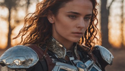 1girl,solo,long hair,looking at viewer,brown hair,brown eyes,jewelry,closed mouth,upper body,earrings,dark skin,armor,blurry,dark-skinned female,lips,blurry background,wavy hair,shoulder armor,portrait,freckles,curly hair,pauldrons,breastplate,realistic,nose,stud earrings,close-up,backlighting,science fiction,power armor