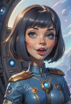 1girl,solo,breasts,looking at viewer,blush,smile,short hair,open mouth,bangs,blue eyes,black hair,medium breasts,upper body,small breasts,sky,teeth,day,shiny,artist name,cloud,signature,uniform,blue sky,lips,military,eyelashes,makeup,upper teeth only,watermark,bob cut,thick eyebrows,lipstick,eyeshadow,zipper,freckles,science fiction,realistic,nose,red lips,eyeliner,badge,planet,mascara,spacesuit,parted lips,military uniform,spacecraft,pilot,thick lips