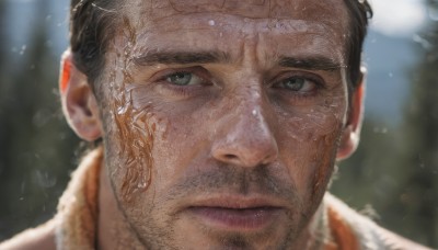 solo,looking at viewer,short hair,brown hair,black hair,1boy,closed mouth,green eyes,male focus,outdoors,blurry,wet,blurry background,facial hair,scar,portrait,beard,scar on face,close-up,realistic,wet hair,grey eyes,tattoo,thick eyebrows,nose,mustache,stubble