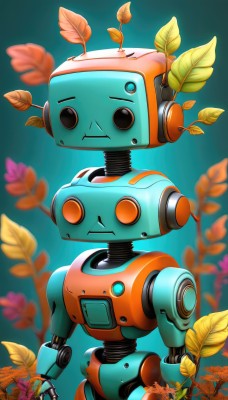 solo,looking at viewer,standing,upper body,flower,blurry,orange eyes,no humans,blurry background,leaf,blue background,plant,robot,mecha,science fiction,orange flower,humanoid robot,artist name,:<,straight-on,radio antenna