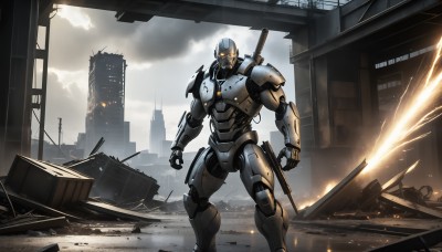 HQ,solo,1boy,standing,weapon,male focus,outdoors,sky,sword,cloud,armor,gun,no humans,glowing,katana,helmet,cloudy sky,robot,building,mecha,glowing eyes,science fiction,rain,city,realistic,military vehicle,ruins,cyborg,weapon on back,power armor,debris,looking at viewer,fire,ground vehicle,clenched hand,motor vehicle,cityscape,cable