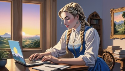 1girl,solo,long hair,blush,smile,blonde hair,shirt,long sleeves,dress,jewelry,sitting,closed mouth,closed eyes,white shirt,braid,earrings,sky,collared shirt,artist name,indoors,necklace,twin braids,tree,lips,book,window,makeup,blue dress,chair,looking down,table,sunlight,plant,lipstick,curtains,hair over shoulder,desk,sunset,paper,mountain,nose,bookshelf,red lips,potted plant,computer,pencil,laptop,book stack,picture frame,evening,painting (object),tablet pc,sunrise,picture (object),breasts,upper body,multicolored hair,signature,two-tone hair,gradient hair,thick eyebrows,sun