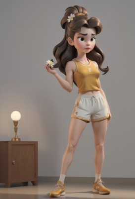 1girl,solo,long hair,breasts,brown hair,shirt,hair ornament,navel,holding,bare shoulders,brown eyes,closed mouth,standing,full body,ponytail,flower,small breasts,shoes,shorts,sleeveless,socks,midriff,indoors,hair flower,grey background,lips,short shorts,thick eyebrows,tank top,white flower,white socks,sneakers,yellow shirt,white shorts,holding flower,lamp,daisy,simple background,sportswear,dolphin shorts