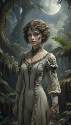 1girl,solo,breasts,looking at viewer,short hair,blue eyes,brown hair,long sleeves,dress,cleavage,jewelry,medium breasts,standing,cowboy shot,outdoors,parted lips,sky,choker,artist name,cloud,signature,necklace,white dress,tree,lips,night,leaf,watermark,wavy hair,bandages,moon,ring,plant,gem,nature,night sky,web address,full moon,forest,freckles,curly hair,realistic,nose,fantasy,moonlight,bangs,closed mouth,collarbone,small breasts,puffy sleeves,eyelashes,cloudy sky,arms at sides