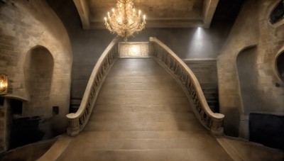 HQ,indoors,no humans,scenery,wooden floor,stairs,door,light,candle,pillar,hallway,arch,chandelier,light rays,architecture,statue,church,candlestand,column