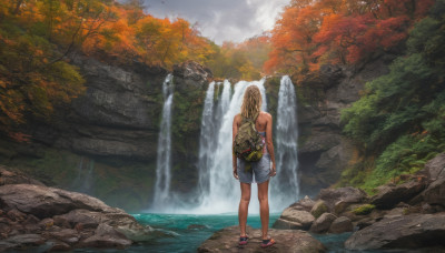 1girl, solo, outdoors, sky, shorts, cloud, water, bag, from behind, tree, backpack, tank top, nature, scenery, river, waterfall