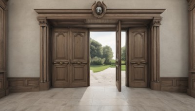 outdoors,sky,day,indoors,tree,no humans,window,shadow,grass,plant,nature,scenery,door,bush,pillar,open door,path,cloud,blue sky,wooden floor,clock,wall,carpet,rug,cabinet