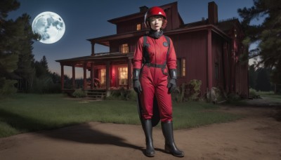 1girl,solo,looking at viewer,short hair,brown hair,gloves,brown eyes,standing,full body,boots,outdoors,sky,black gloves,black footwear,tree,night,moon,helmet,star (sky),night sky,full moon,science fiction,realistic,pilot suit,jumpsuit,spacesuit,closed eyes,mask,shadow,grass,house