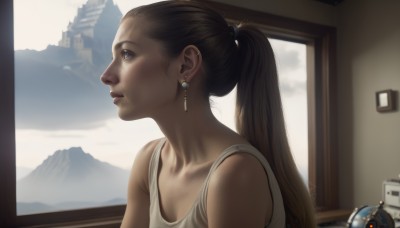 1girl,solo,long hair,brown hair,bare shoulders,brown eyes,jewelry,collarbone,upper body,ponytail,earrings,sky,day,cloud,indoors,from side,lips,window,profile,piercing,tank top,robot,building,mountain,realistic,nose,hair tie,ear piercing,looking outside