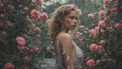 1girl, solo, long hair, breasts, blonde hair, brown hair, dress, upper body, flower, outdoors, sleeveless, white dress, from side, lips, wet, sleeveless dress, rose, pink flower, rain, curly hair, realistic, nose