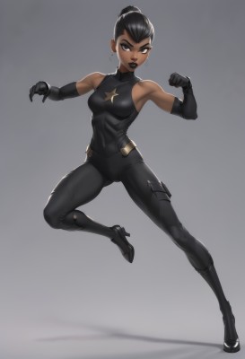 1girl,solo,breasts,looking at viewer,short hair,black hair,gloves,bare shoulders,jewelry,medium breasts,standing,full body,earrings,small breasts,boots,black gloves,elbow gloves,dark skin,armpits,grey background,hair bun,black footwear,high heels,dark-skinned female,lips,grey eyes,bodysuit,covered navel,makeup,muscular,shadow,single hair bun,standing on one leg,lipstick,clenched hand,skin tight,high heel boots,toned,fighting stance,muscular female,animification,undercut,very dark skin,black lips,simple background,artist name,star (symbol),black eyes,clenched hands,black bodysuit