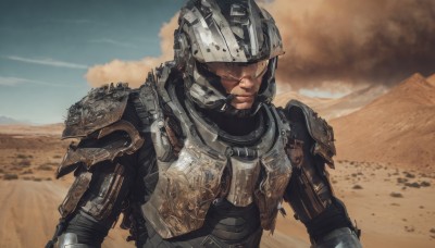 solo,1boy,upper body,male focus,outdoors,sky,day,cloud,armor,helmet,shoulder armor,smoke,science fiction,pauldrons,mountain,realistic,sand,power armor,desert,dust,blue sky,scar