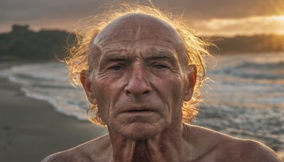 solo,looking at viewer,blue eyes,blonde hair,1boy,closed mouth,collarbone,male focus,outdoors,sky,water,blurry,blurry background,facial hair,ocean,beach,portrait,sunset,realistic,sand,bald,old,old man,wrinkled skin,cloud,black eyes,cloudy sky,wind,backlighting