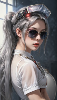 1girl,solo,long hair,breasts,looking at viewer,shirt,jewelry,medium breasts,underwear,white shirt,upper body,ponytail,short sleeves,grey hair,parted lips,shiny,indoors,necklace,bra,mole,blurry,from side,lips,wet,see-through,window,blurry background,chain,sunglasses,wet clothes,realistic,nose,red lips,wet shirt,tinted eyewear,bra visible through clothes,bangs,blue eyes,sidelocks,teeth,artist name,looking to the side,makeup,lipstick,goggles,eyewear on head