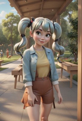 1girl,solo,long hair,breasts,looking at viewer,smile,bangs,blonde hair,shirt,hair ornament,long sleeves,twintails,brown eyes,closed mouth,standing,jacket,flower,white hair,grey hair,multicolored hair,outdoors,multiple boys,open clothes,sky,shorts,solo focus,day,artist name,cloud,two-tone hair,open jacket,tree,blue sky,lips,looking to the side,short shorts,buttons,chair,table,thick eyebrows,suspenders,grass,blue shirt,blue jacket,walking,yellow shirt,nose,arms at sides,bench,brown shorts,suspender shorts,high-waist shorts,denim jacket,blush,blue hair,people