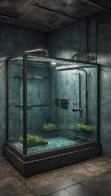 indoors,water,tree,no humans,window,plant,scenery,door,tiles,fish,underwater,tile floor,moss,industrial pipe,overgrown