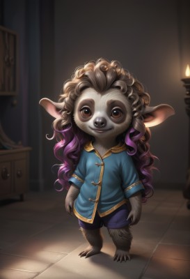 1girl,solo,long hair,looking at viewer,smile,brown hair,shirt,animal ears,brown eyes,closed mouth,standing,full body,purple hair,short sleeves,multicolored hair,shorts,artist name,indoors,blurry,gradient hair,blurry background,blue shirt,furry,curly hair,furry female,candle,fewer digits,open mouth,male focus,teeth,two-tone hair,claws,freckles,brown fur