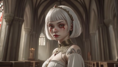 1girl,solo,breasts,looking at viewer,short hair,bangs,dress,cleavage,bare shoulders,jewelry,medium breasts,upper body,white hair,hairband,earrings,parted lips,detached sleeves,indoors,blunt bangs,white dress,blurry,lips,grey eyes,blood,tattoo,makeup,detached collar,depth of field,blurry background,facial mark,bob cut,tiara,lipstick,gem,blood on face,nose,red lips,facial tattoo,church,closed mouth,from side,window,backlighting,pillar