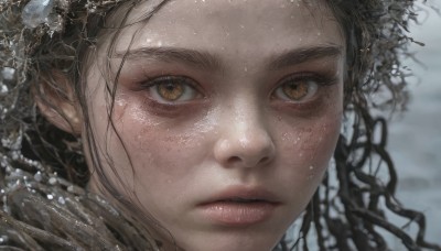 1girl,solo,long hair,looking at viewer,brown hair,black hair,brown eyes,closed mouth,parted lips,water,blurry,lips,wet,eyelashes,blurry background,portrait,close-up,forehead,freckles,curly hair,realistic,nose,yellow eyes,depth of field,expressionless,water drop,wet hair