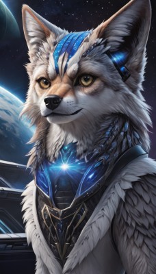 solo,smile,1boy,brown eyes,yellow eyes,upper body,male focus,sky,signature,no humans,glowing,animal,robot,star (sky),furry,starry sky,science fiction,realistic,space,furry male,planet,whiskers,alien,earth (planet),looking at viewer,animal ears,closed mouth,artist name,watermark,portrait,mecha