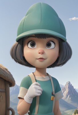 1girl,solo,looking at viewer,smile,short hair,bangs,brown hair,shirt,black hair,gloves,hat,brown eyes,upper body,short sleeves,outdoors,parted lips,sky,day,cloud,white gloves,blue sky,lips,bob cut,suspenders,blue shirt,child,freckles,mountain,green headwear,green shirt,female child,overalls,watermark,clenched hand,web address,nose