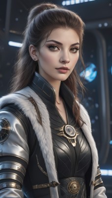 1girl,solo,long hair,breasts,looking at viewer,brown hair,brown eyes,jewelry,closed mouth,jacket,upper body,ponytail,earrings,blurry,vest,lips,coat,fur trim,makeup,blurry background,lipstick,eyeshadow,realistic,nose,red lips,stud earrings,hair pulled back,medium breasts,artist name,armor,bodysuit,forehead