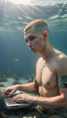 solo,blue eyes,1boy,jewelry,sitting,nipples,male focus,earrings,shorts,water,bird,piercing,sunlight,ring,pectorals,freckles,fish,topless male,light rays,underwater,realistic,computer,bald,very short hair,laptop,short hair,collarbone,parted lips,pants,artist name,lips,tattoo,muscular,ocean,animal,abs,muscular male,armband,nose,male underwear,undercut,mohawk