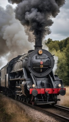 outdoors,sky,day,cloud,tree,military,no humans,ground vehicle,nature,motor vehicle,forest,smoke,emblem,military vehicle,tank,vehicle focus,caterpillar tracks,world war ii,railroad tracks,cannon,machine gun,train,wheel