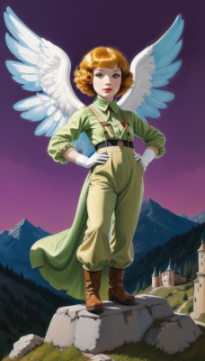 1girl,solo,looking at viewer,short hair,brown hair,gloves,brown eyes,standing,full body,boots,outdoors,wings,sky,belt,white gloves,orange hair,uniform,lips,military,military uniform,makeup,brown footwear,grass,lipstick,feathered wings,curly hair,hands on hips,angel wings,rock,mountain,green shirt,white wings,angel,red lips,castle,purple sky,shirt,parted lips,collared shirt,pants,black eyes,suspenders,freckles