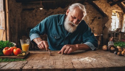 solo,smile,shirt,long sleeves,1boy,holding,closed eyes,upper body,white hair,male focus,food,teeth,collared shirt,indoors,blurry,cup,fruit,facial hair,table,blue shirt,knife,beard,sleeves rolled up,drinking glass,pocket,realistic,mustache,apple,glass,breast pocket,manly,old,old man,tomato,vegetable,wrinkled skin,grey hair,lips,window,blurry background,scar,looking down,bottle,grass,alcohol,smoke,cigarette,smoking,lamp,wine glass,wall,bread,lemon,bar (place)