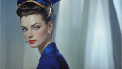 1girl,solo,looking at viewer,blush,short hair,blue eyes,black hair,hat,jewelry,closed mouth,earrings,uniform,from side,lips,eyelashes,makeup,lipstick,portrait,blue headwear,realistic,nose,red lips,stud earrings,police hat,hair ornament,dress,upper body,umbrella,curtains