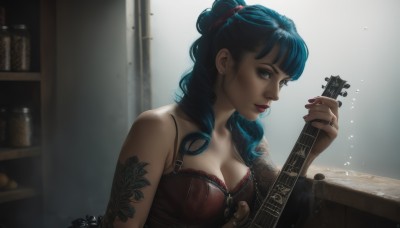 1girl,solo,long hair,breasts,looking at viewer,bangs,blue eyes,large breasts,hair ornament,holding,cleavage,bare shoulders,jewelry,medium breasts,underwear,blue hair,upper body,earrings,indoors,signature,hair bun,nail polish,bra,lips,tattoo,makeup,ring,lipstick,instrument,realistic,guitar,red lips,arm tattoo,playing instrument,holding instrument,shelf,electric guitar,black hair,music