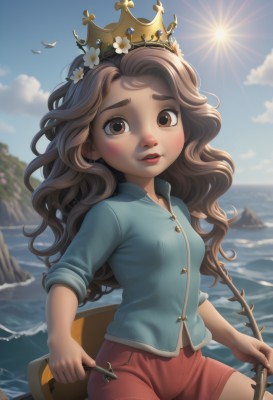 1girl,solo,long hair,breasts,looking at viewer,blush,brown hair,shirt,hair ornament,holding,brown eyes,sitting,flower,small breasts,outdoors,parted lips,sky,shorts,teeth,day,cloud,hair flower,water,blue sky,lips,short shorts,bird,ocean,wavy hair,beach,crown,blue shirt,freckles,sun,red shorts,head wreath,seagull,cowboy shot,artist name,blurry,eyelashes,blurry background,sunlight,thick eyebrows,white flower,sleeves rolled up,backlighting,rock,waves