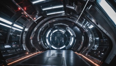 no humans,glowing,robot,scenery,machinery,science fiction,realistic,space,spacecraft,lights,cockpit,indoors,window,planet