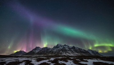 outdoors,sky,no humans,night,star (sky),night sky,scenery,snow,starry sky,mountain,landscape,mountainous horizon,aurora,tree,winter,milky way