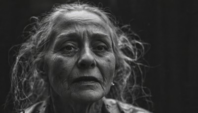 solo,looking at viewer,simple background,1boy,closed mouth,monochrome,greyscale,male focus,facial hair,messy hair,portrait,realistic,old,wrinkled skin,long hair,jewelry,earrings,scar,beard,mustache,old man