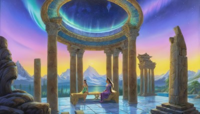 1girl,long hair,brown hair,black hair,1boy,dress,sitting,ponytail,outdoors,sky,pointy ears,water,tree,night,instrument,star (sky),night sky,scenery,starry sky,mountain,music,playing instrument,pillar,column,aurora,multiple girls,blonde hair,2girls,dark skin,dark-skinned female,purple dress,sunset