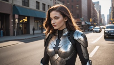 1girl,solo,long hair,breasts,looking at viewer,blue eyes,brown hair,brown eyes,medium breasts,closed mouth,upper body,outdoors,solo focus,day,armor,blurry,lips,bodysuit,blurry background,ground vehicle,building,motor vehicle,science fiction,breastplate,city,realistic,car,road,street,power armor