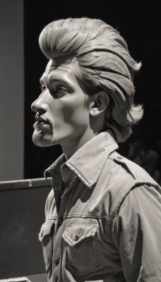 solo,short hair,1boy,jacket,monochrome,upper body,greyscale,male focus,parted lips,open clothes,teeth,from side,open jacket,lips,profile,looking up,pocket,realistic,nose,breast pocket,1girl,closed mouth,blood,blood on face,mohawk