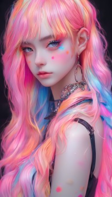 1girl,solo,long hair,looking at viewer,bangs,blue eyes,blonde hair,simple background,bare shoulders,jewelry,closed mouth,blue hair,upper body,pink hair,multicolored hair,earrings,sleeveless,necklace,black eyes,from side,two-tone hair,lips,grey eyes,eyelashes,gradient hair,makeup,chain,wavy hair,facial mark,piercing,black background,ear piercing,eyeshadow,hoop earrings,pink lips,realistic,nose,eyeliner,facepaint,mascara,shirt,hairband,choker,artist name,orange hair,looking to the side,petals,expressionless,gem,strap slip,camisole,white hairband