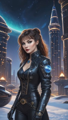 1girl,solo,long hair,breasts,looking at viewer,blue eyes,brown hair,gloves,cleavage,jewelry,medium breasts,standing,cowboy shot,earrings,outdoors,open clothes,sky,black gloves,belt,pants,necklace,lips,bodysuit,makeup,night,wavy hair,moon,lipstick,building,gem,star (sky),night sky,snow,pendant,starry sky,red lips,leather,planet,jacket,ponytail,freckles,realistic,leather jacket