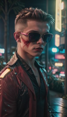 solo,looking at viewer,short hair,brown hair,shirt,1boy,jewelry,closed mouth,jacket,upper body,male focus,earrings,outdoors,open clothes,artist name,necklace,blurry,open jacket,lips,black shirt,blood,night,depth of field,blurry background,scar,piercing,sunglasses,ear piercing,red jacket,scar on face,blood on face,realistic,red lips,1girl,black hair,parted lips,tattoo,backlighting,scar across eye,stud earrings,very short hair,leather,undercut,facial tattoo,leather jacket,nose piercing,aviator sunglasses