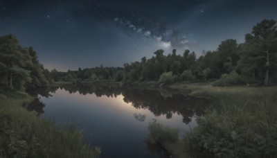 outdoors,sky,cloud,water,tree,no humans,night,grass,plant,star (sky),nature,night sky,scenery,forest,starry sky,reflection,lake