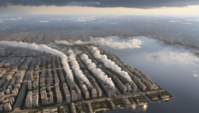 outdoors,sky,day,cloud,water,no humans,ocean,from above,cloudy sky,building,scenery,city,aircraft,horizon,cityscape,river,tower,landscape,science fiction,ruins