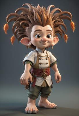 solo,looking at viewer,blush,smile,simple background,brown hair,shirt,1boy,animal ears,brown eyes,jewelry,closed mouth,standing,full body,white shirt,male focus,earrings,barefoot,pointy ears,pants,spiked hair,child,male child,short sleeves,grey background,gradient,sash,gradient background,mohawk