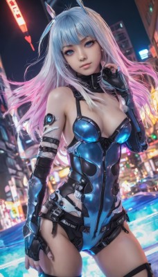 1girl,solo,long hair,breasts,looking at viewer,smile,bangs,blue eyes,thighhighs,gloves,animal ears,cleavage,bare shoulders,medium breasts,blue hair,standing,pink hair,multicolored hair,cowboy shot,black gloves,elbow gloves,blunt bangs,fingerless gloves,blurry,two-tone hair,leotard,lips,gradient hair,blurry background,zipper,science fiction,contrapposto,city,realistic,blue leotard,cyborg,cyberpunk,jewelry,white hair,heart,earrings,outdoors,parted lips,shiny,fingernails,shiny skin,dutch angle,detached collar,night,depth of field,headgear,building,shiny clothes,cityscape,skyscraper,city lights,neon lights