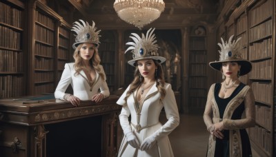 long hair,breasts,looking at viewer,short hair,blue eyes,multiple girls,blonde hair,brown hair,black hair,gloves,long sleeves,hat,dress,cleavage,brown eyes,jewelry,medium breasts,closed mouth,standing,earrings,indoors,white gloves,3girls,necklace,white dress,black eyes,black dress,coat,book,makeup,wavy hair,table,white jacket,own hands together,feathers,lipstick,pendant,curly hair,bookshelf,red lips,hat feather,library,chandelier,ring